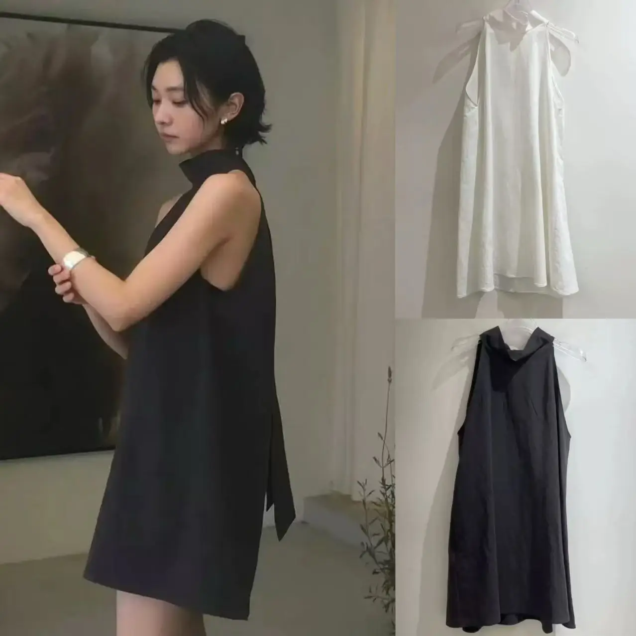 

Ele Pure Color Summer New Sle Women's irt Dr Ne Hanging Svel Slimming Sa Korean Sle A-Line Dr