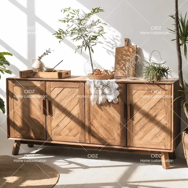 Retro Solid Wood Dining Side Cabinet Pine Tea Storage Locker for Living Room Entrance Wall Console Table Home Decor Furniture