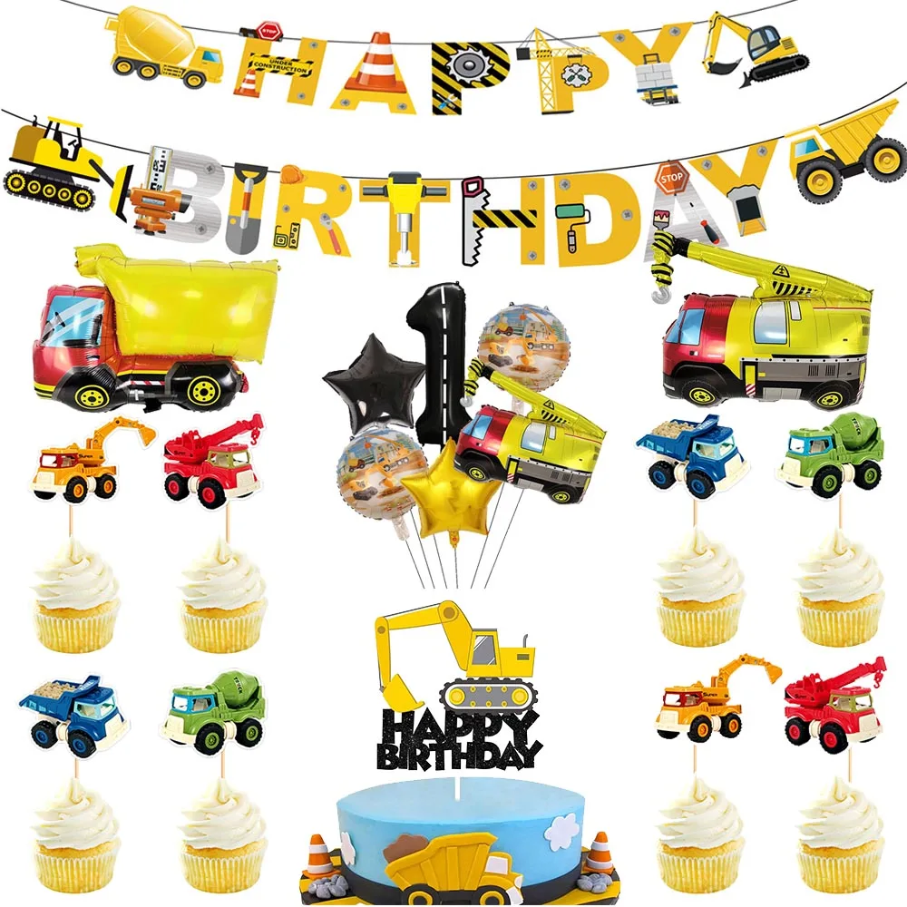 Excavator Truck Cupcake Toppers Dump Truck Balloon Happy Birthday Banner Kids Boys Construction Birthday Party Decor Supplies