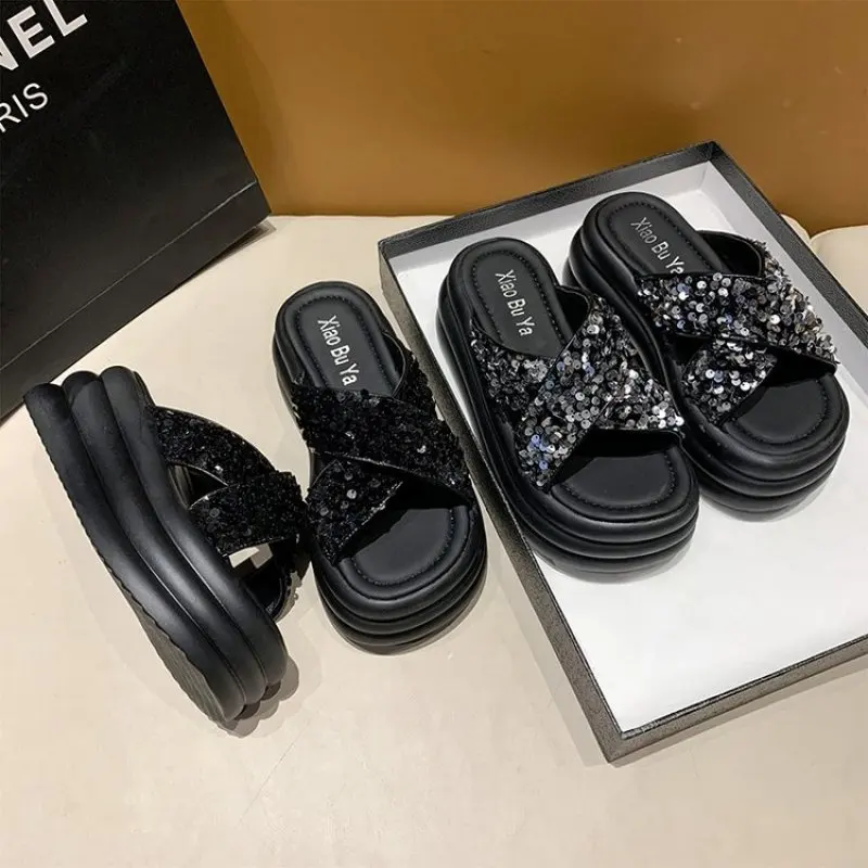 2024 NEW Bling Woman Platform Sandals Ladies Elegant Medium Women's Shoes Flats Summer Sandals Women Designer Shoes slippers