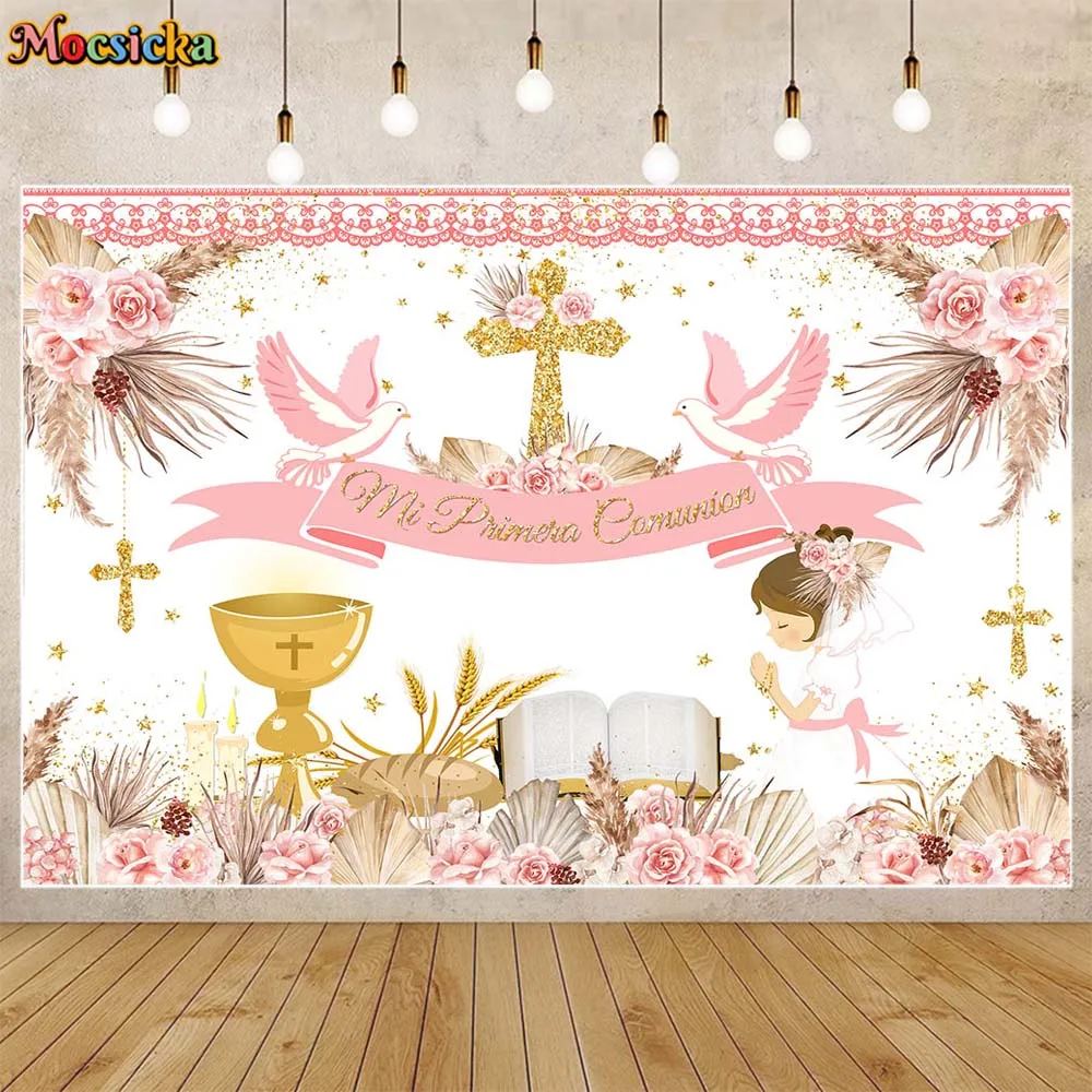 Mocsicka Boho Baptism Backdrop Newborn Girl First Communion Party Decor Mi Primera Comunión Photo Backgrounds Christening Banner