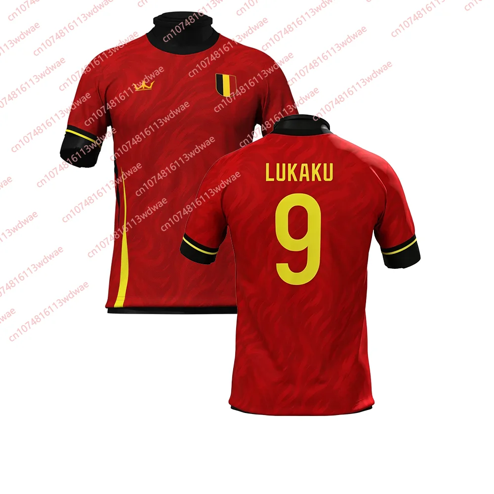 Belgium Theme Soccer Jersey Red Black Yellow Trim Tricolor Badge Pattern Adult Fan Training Football Shirt For Sports Supporters - view 4