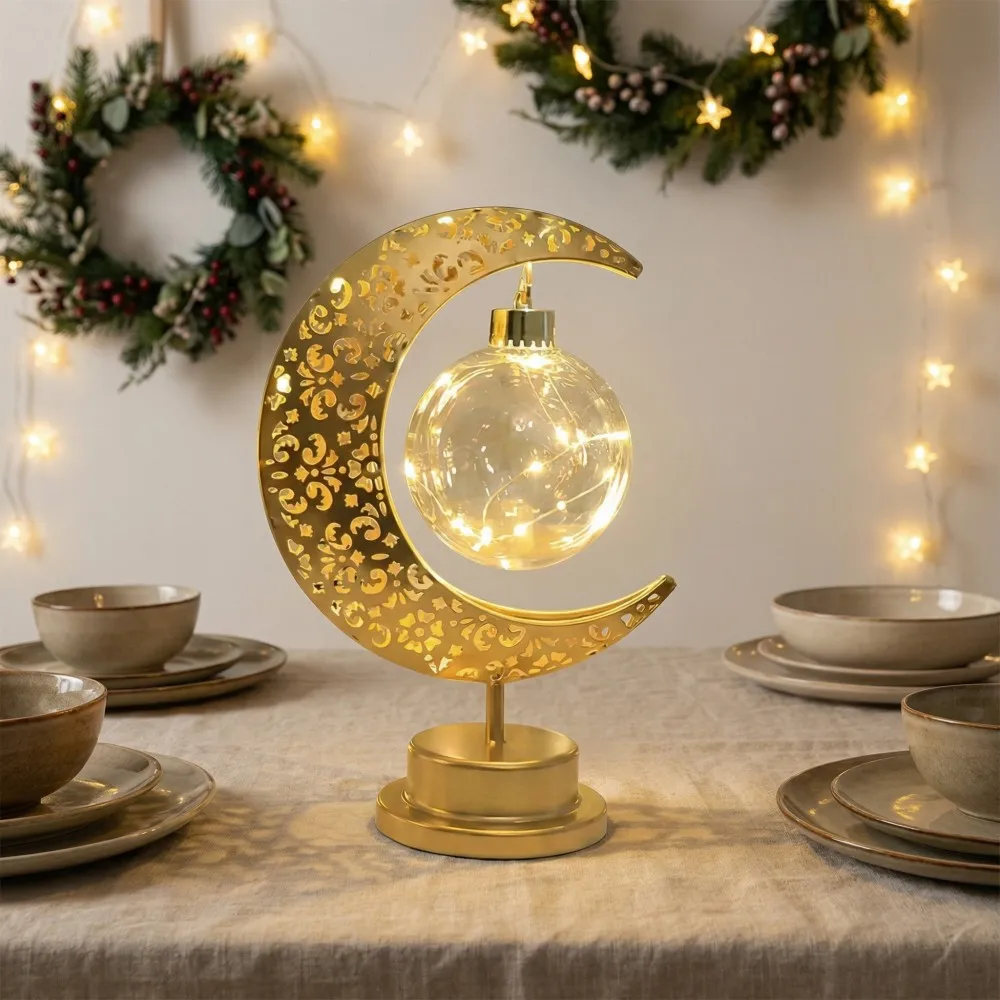 Ramadan Decorative Table Lamp - Moon Hollow Design, Holiday Decorative Lamp With Star Orb, Muslim Style Desktop Modeling Lamp