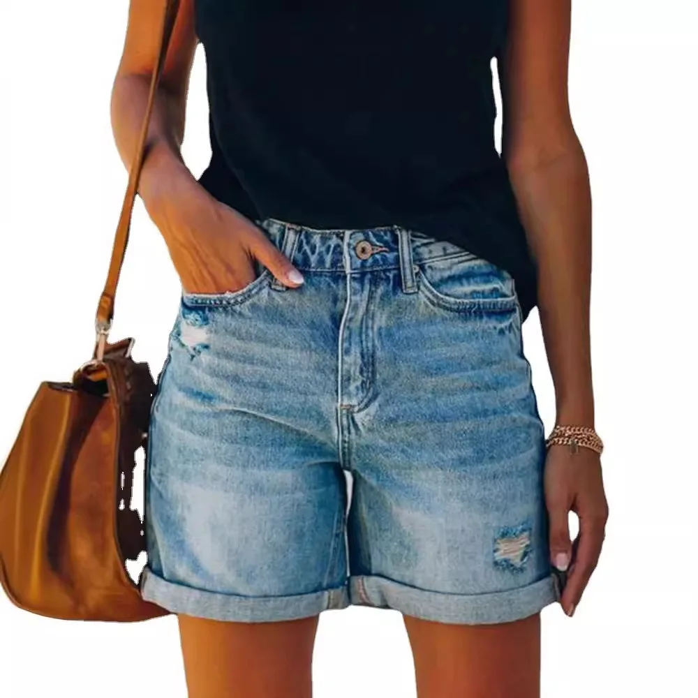 25 Spring/Summer New Fashionable Street Curled Edge Perforated Denim Shorts