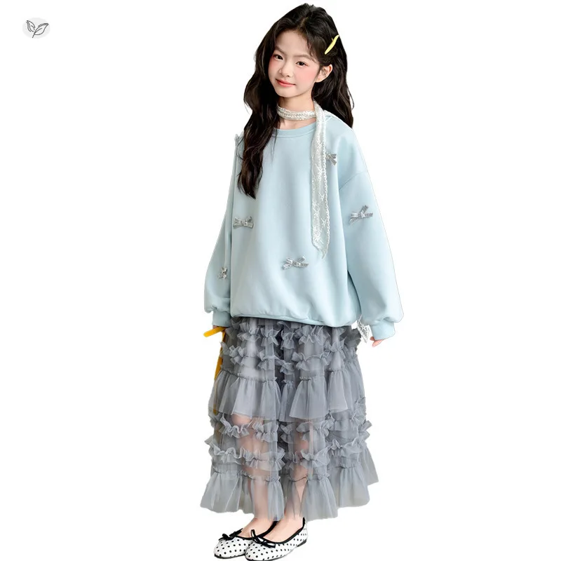 

Girls' Spring New Bow-tie Sweater Medium and Older Children's Fluffy Gauze Skirt Casual Student Meat-covering and Thin Skirt