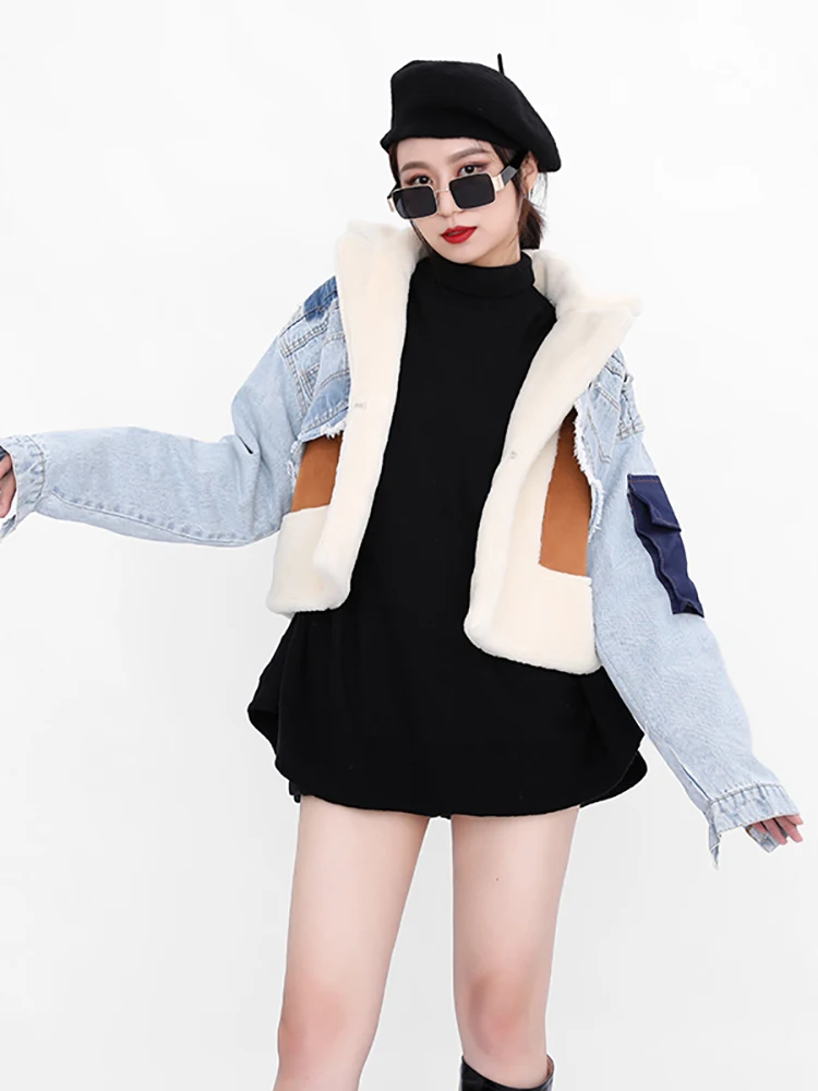 DEAT Leisure Full Sleeve Wool Liner Wde Waisted Turn Down Collar Women Slim Patchwork Woolen Coat 2024 Autumn Autumn New TD659