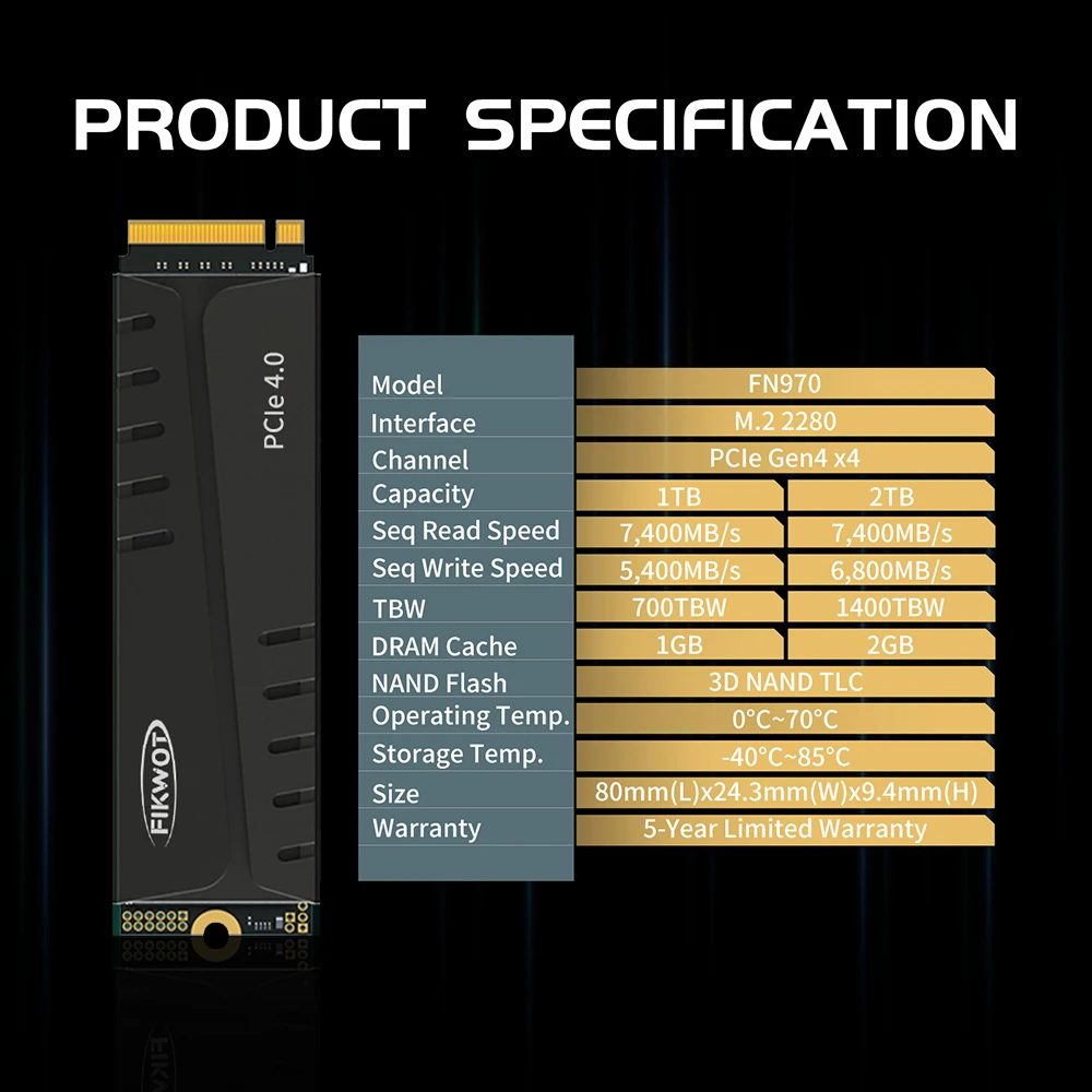 Imagem -04 - Fikwot-unidade Interna de Estado Sólido para Desktop Ssd Fn970 512gb 1tb 2tb 4tb 7400 Mbps Pcie4.0 M.2 Nvme com Cooler Dissipador de Cache