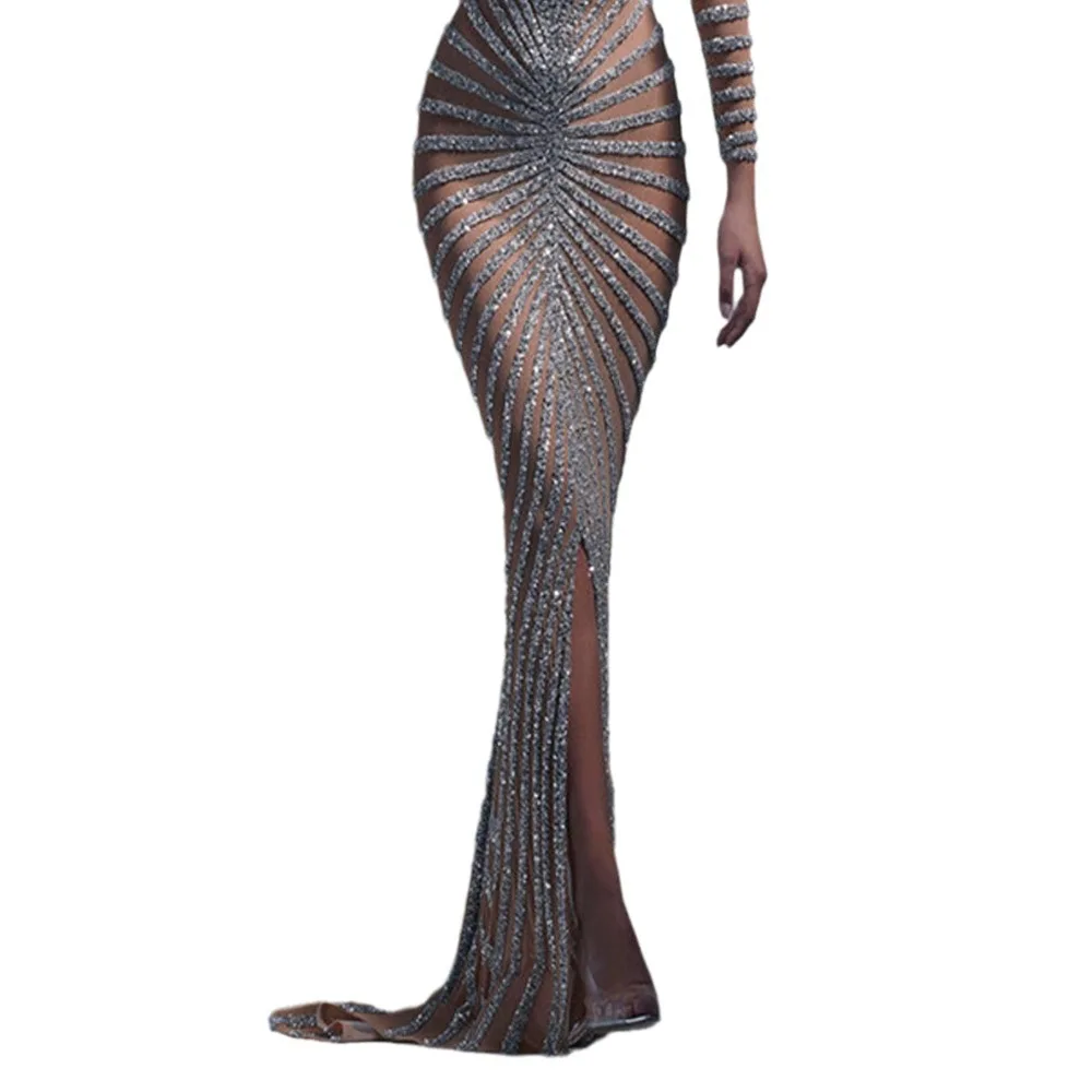 2022 Spring Faion Strass Damen Me Durchsichtig Lang Sve Schlitz Lang Dr. Polyester Gestrickt Thi Basic Sle Mid W...