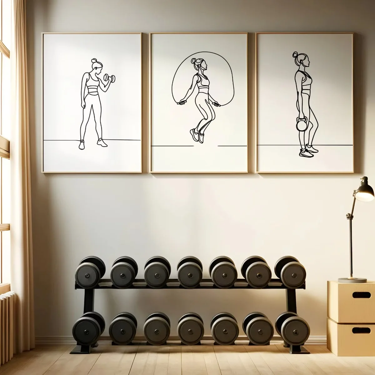 AZNM Fitness Girl Athlete Art Posters: Line Art, Weightlifting, and Jump Rope Frameless Canvas Prints for Yoga Studio Gym Decor