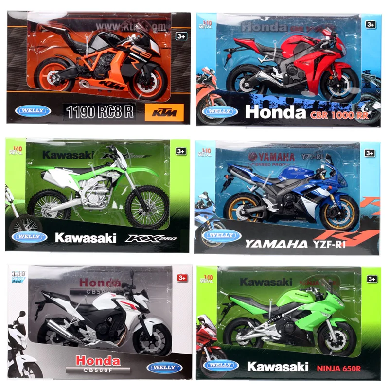 

Welly 1/10 Scale Honda CB500F CBR 1000RR Kawasaki Ninja 650R KX 250F Motocross KTM 1190 RC8 Motorcycle Diecast Toy Bike Model