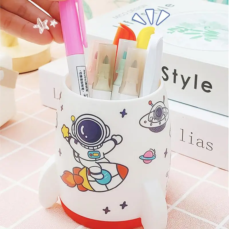 Rocket Pen Holder Makeup Brush Storage Box High Capacity Pencil Holder Aesthetic Pencil Cup Rocket Shape With Astronaut Sticker