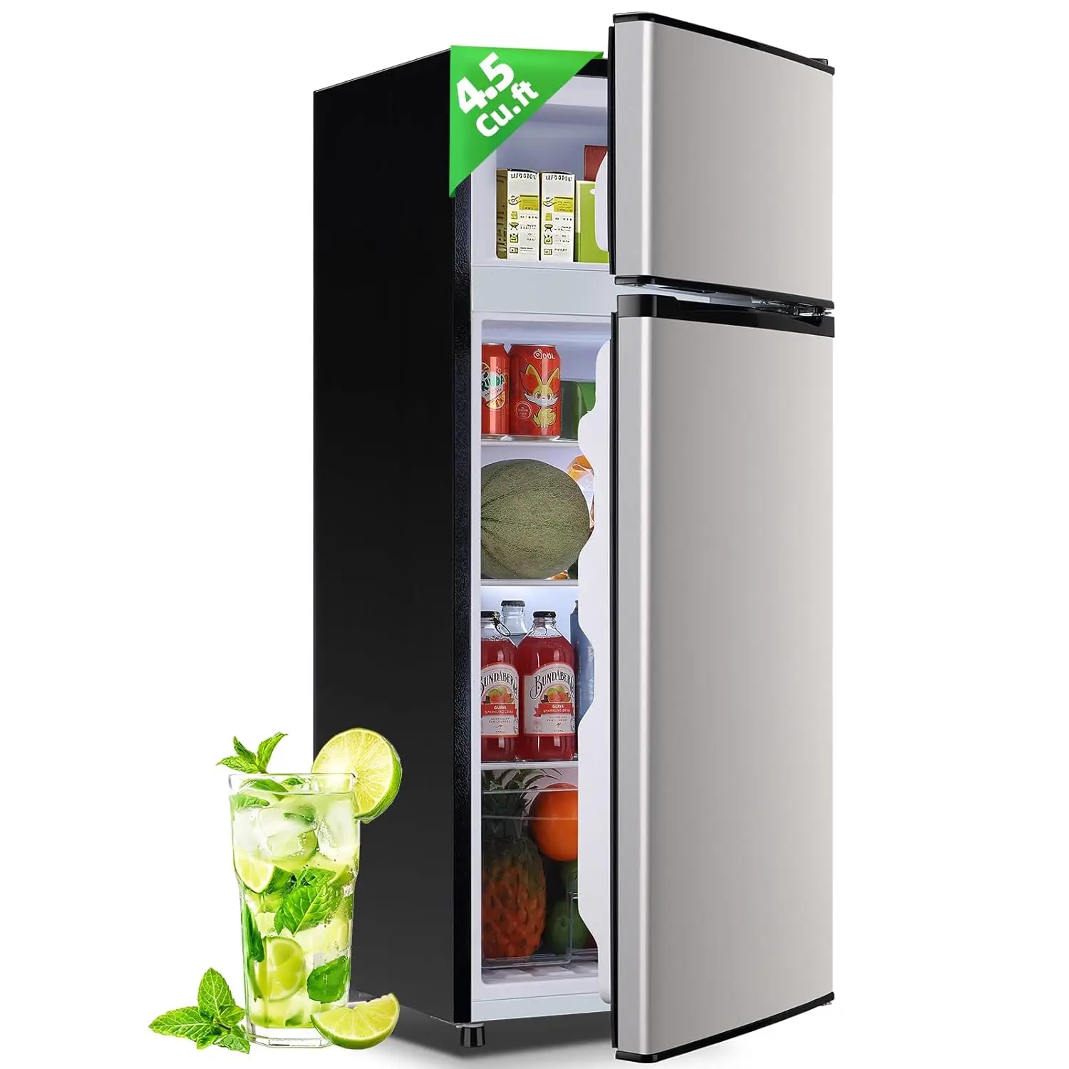 

4.5Cu.ft Refrigerator with Freezer Two Door Fridge with Removable Glass Shelves, Crisper Drawer & Extra, Customized