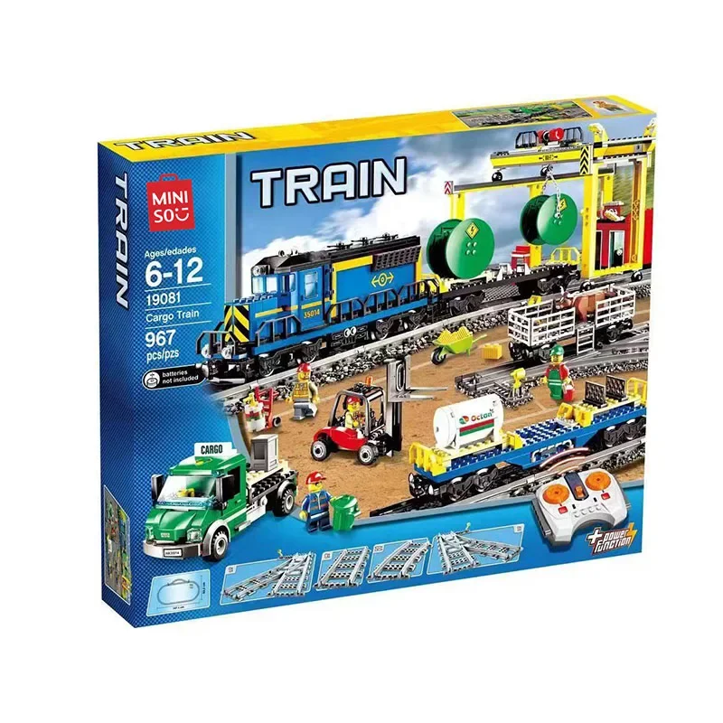 MINISO New City High Tech Retro Steam Train Cargo Technical Brick Compatible 60052 Building Blocks Toys for Adults Children Gift