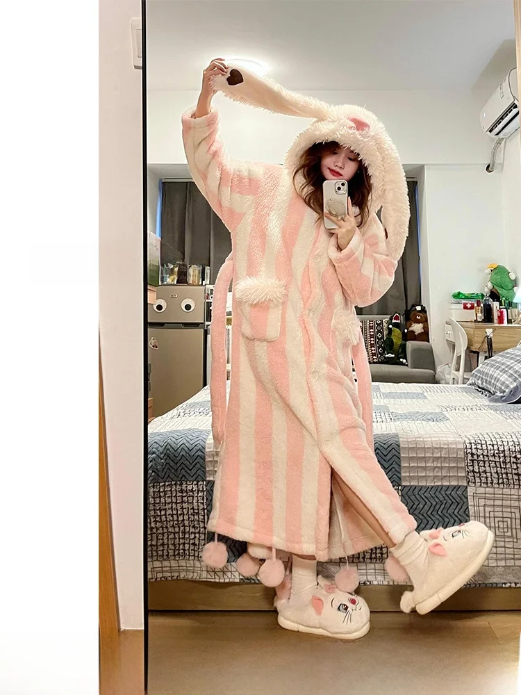 

Thiened Coral Fce Spwear for Girls Winter Long Ear Rabbit Hooded Nightgown plus Size Home Clothes Sweet Cute Sle