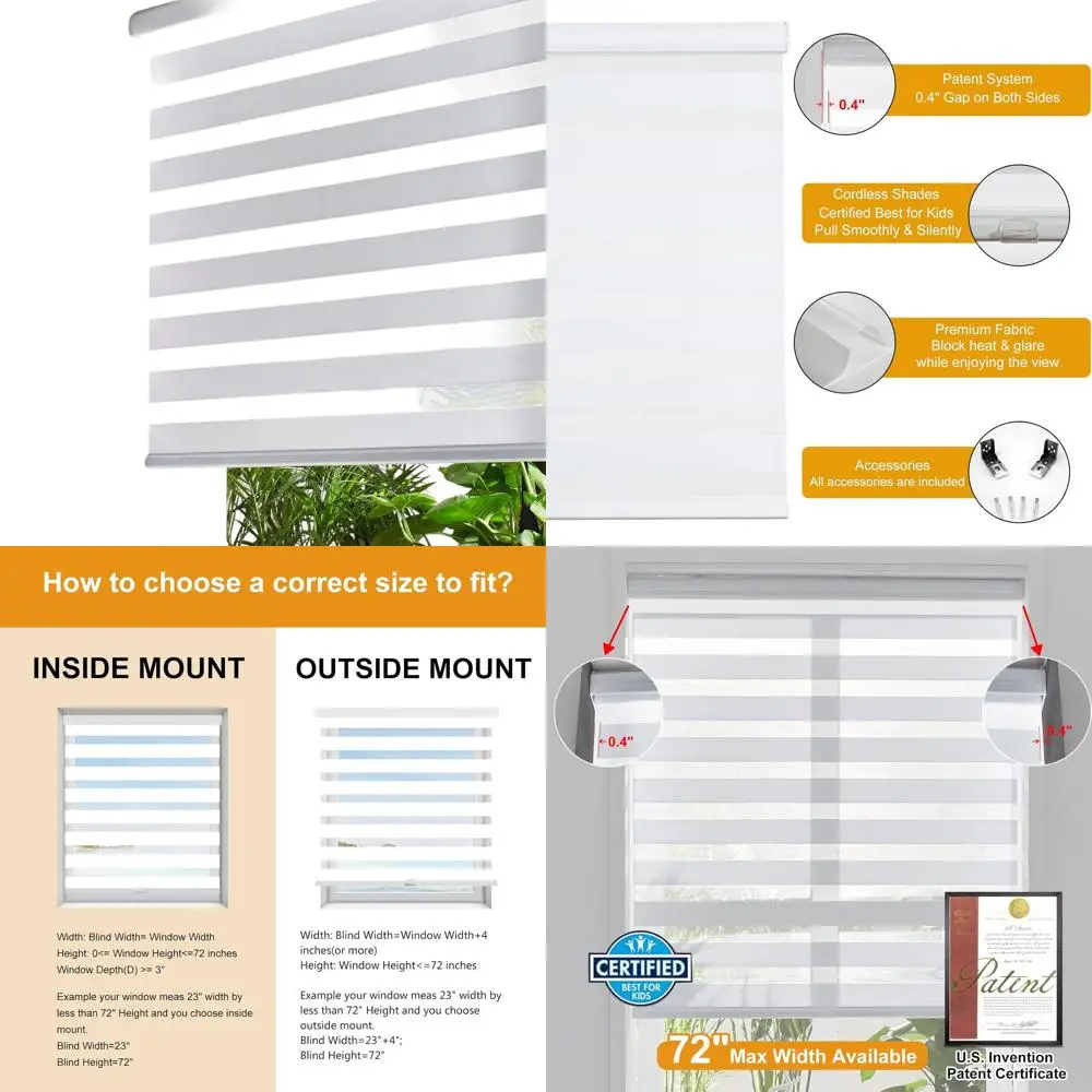 

Cordless 33x64 White Free-Stop Window Shades, Dual Layer Light Control, Easy Install for Home Bedrooms