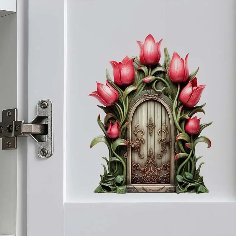 

Red Tulip Garden House - Fairy Door Wall Sticker Classroom Living Room Bedroom Wall, Kitchen Home Decoration Decals S237