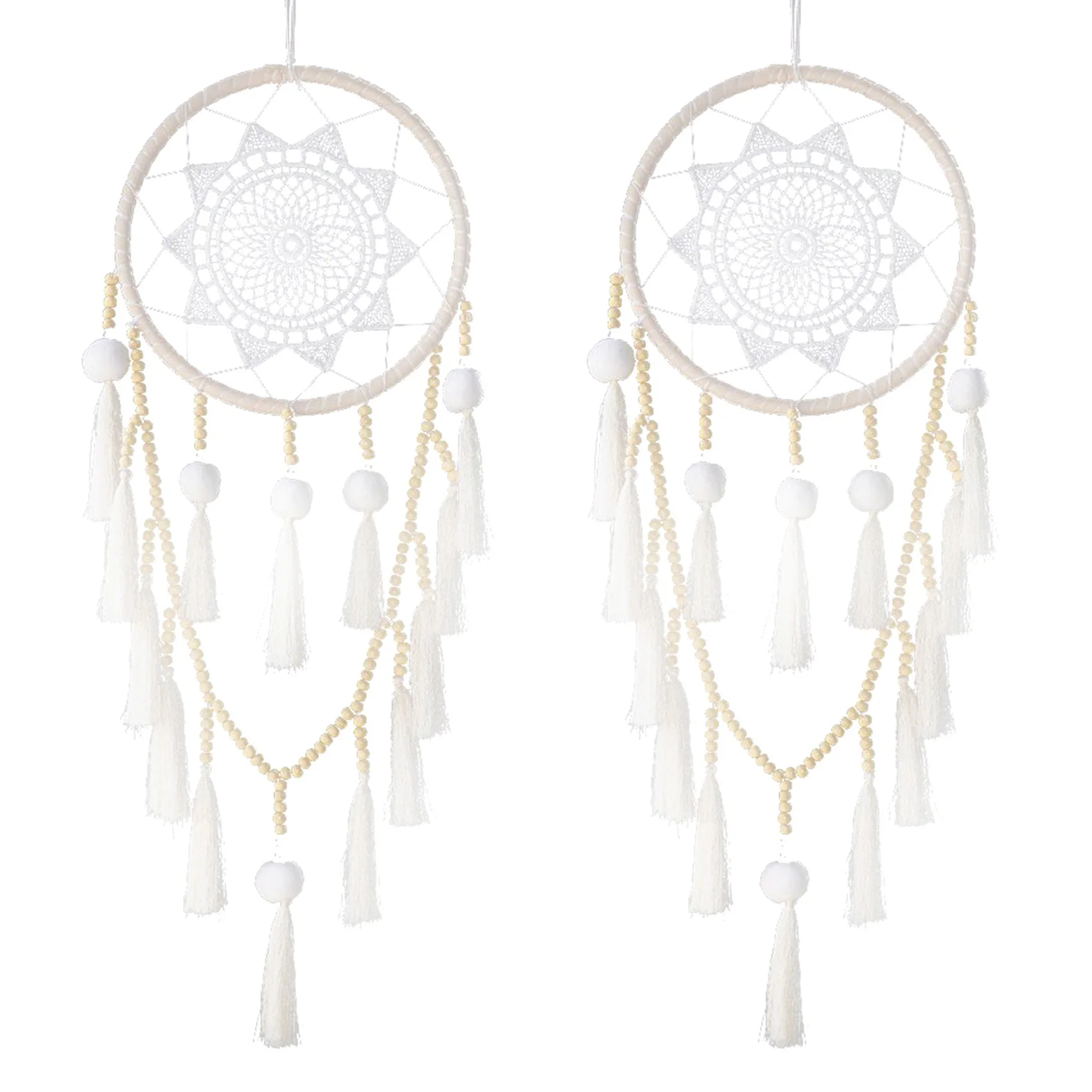 THIVN-2X Macrame Wall Hanging Dream Catcher Large Natural Hairball (Beads With Tassel)