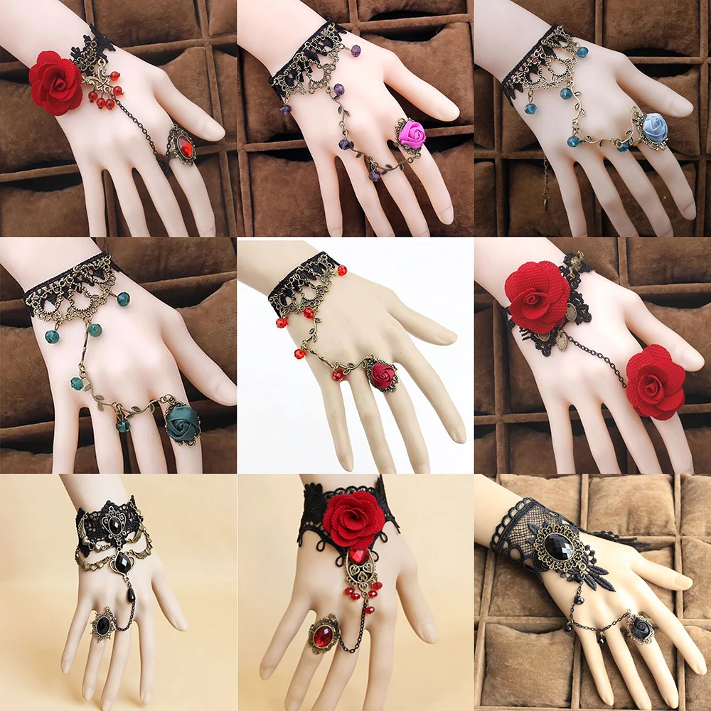 Vintage Halloween Crystal Finger Bracelet for Women Baroque Rose Lace Bracelet with Finger Ring Charm Vampire Hand Jewelry Gift