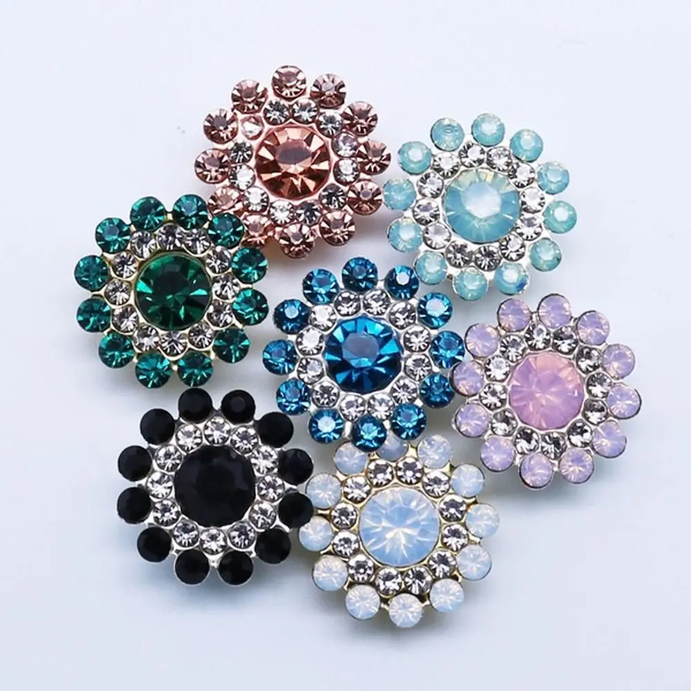 10PCS 14mm Flower-shaped Rhinestone Buttons Sparkling Crystal Glass Stone Steel Bottom Clothes Decoration Sewing Accessories