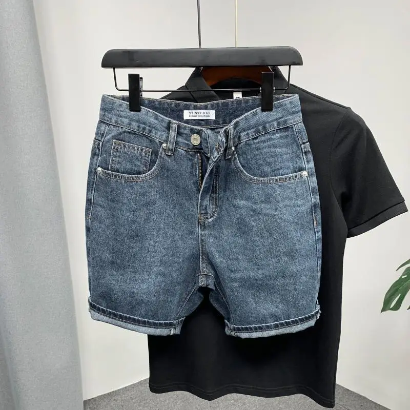 Harajuku Fashion Summer Luxury Brand Blue Casual Denim Short Jeans Solid Knee-length Straight Leg Boyfriend Jeans Shorts for Men