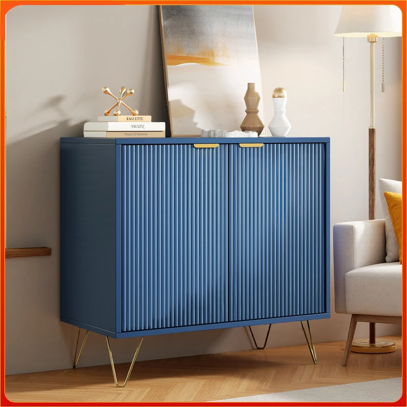 Aparador de Dos Puertas Comanlai en Azul Oscuro, Vitrina para Habitación, Mesita de Noche, con Patas con Rayas Doradas