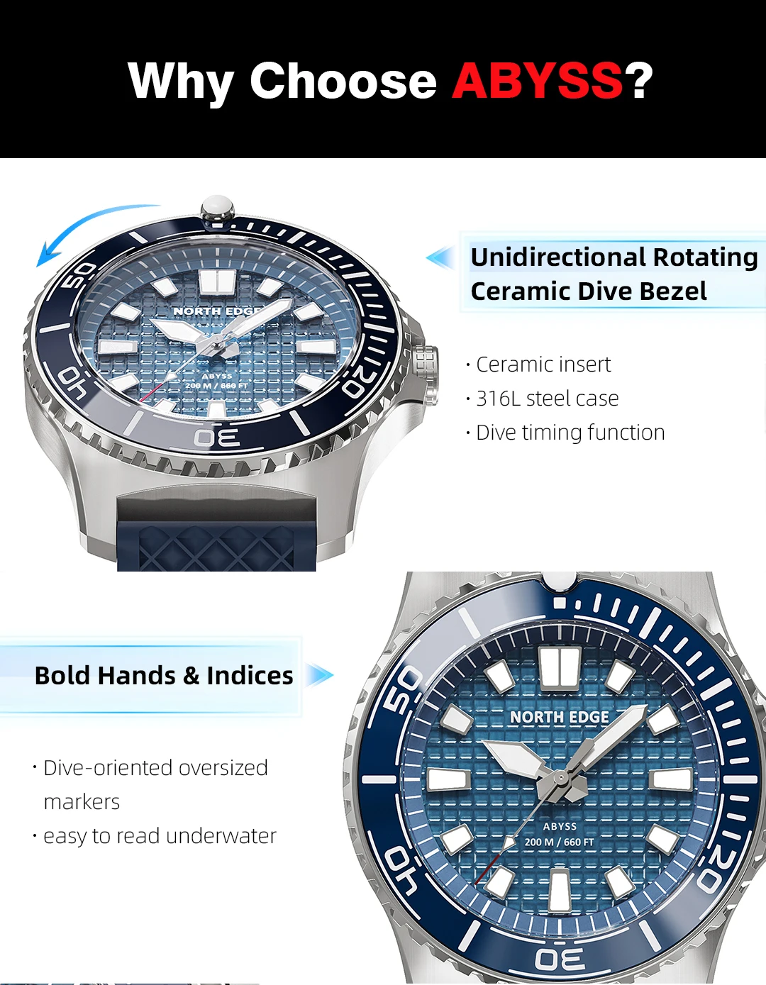 NORTH EDGE ABYSS Herren Quarzuhr Solarbetriebene Luxusuhr 200M Wasserdichte Taucheruhr 316L Stahlgehäuse 180+ Tage Energievorrat – Detail 12