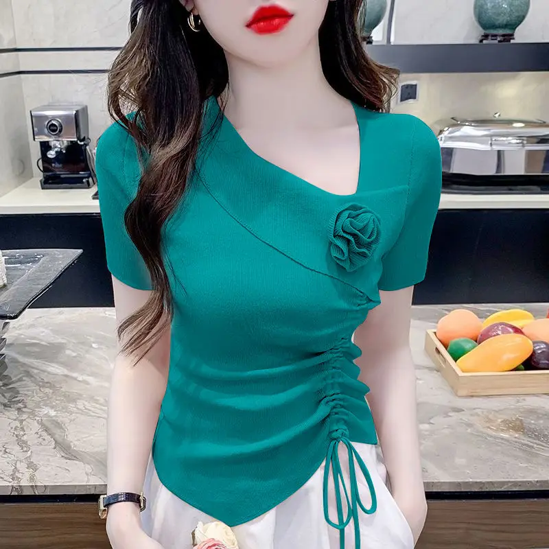 

Drawstring 3D Flower Short-sleeved T-shirt 2024 Summer New Women's Outfit Irregular Folds Slim-fitting Knitted Top