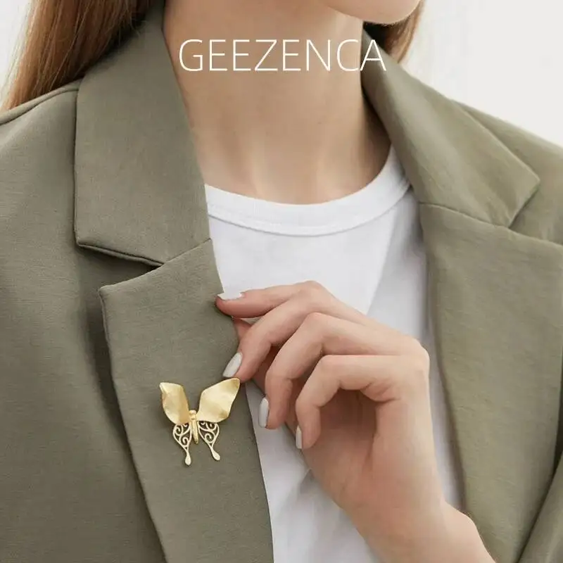 

GEEZENCA S925 Silver Hollow 3D Butterfly Brooches For Women Original Design Cute Clothing Accessories Aesthetic Pins 2023 New