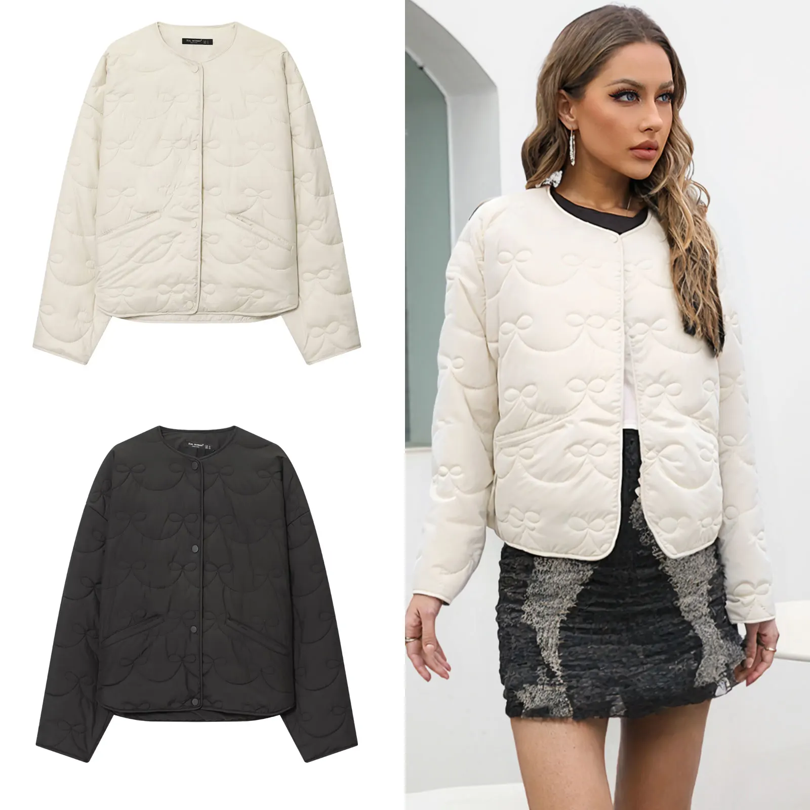 HH Autumn Female Causal Quilted Coats Long Sleeves Solid With Pockets Single Breasted O Neck Coat Winter Simple Loose Outwear