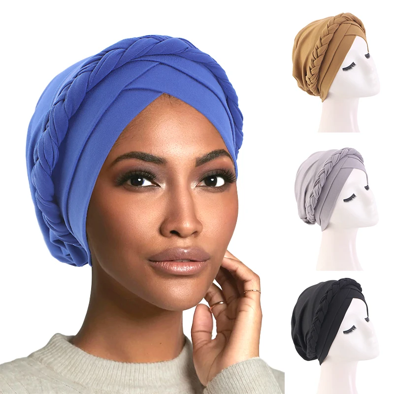 

Women Muslim Braid Head Scarf Turban Cancer Hat Chemo Cap Islamic Hijab Arab Cap Hat Hair Loss Bonnet Beanies Hair Accessories