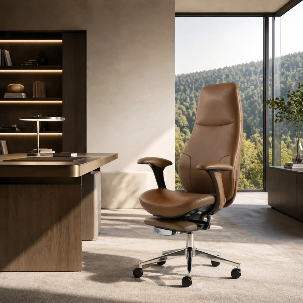 Genuine Full-Grain Leather Executive Office Chair with Retractable Footrest Breathable & Adjustable Recline Angle & Height FYOF