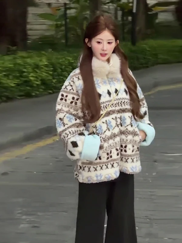 

New Arrival Thiened Faux Fur Collar Coat Retro Warm Women's ort Outerwear Geometric Pattern Daily Wear Autumn Winter Coat