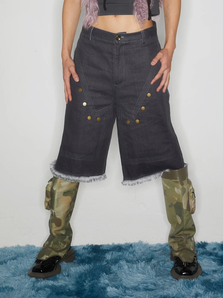 KADAKADA Vintage Workwear Short Pants Metal Rivet Heavy Duty Washed Hemmed Cuffed Youthful Summer Shorts Straight Leg Trousers