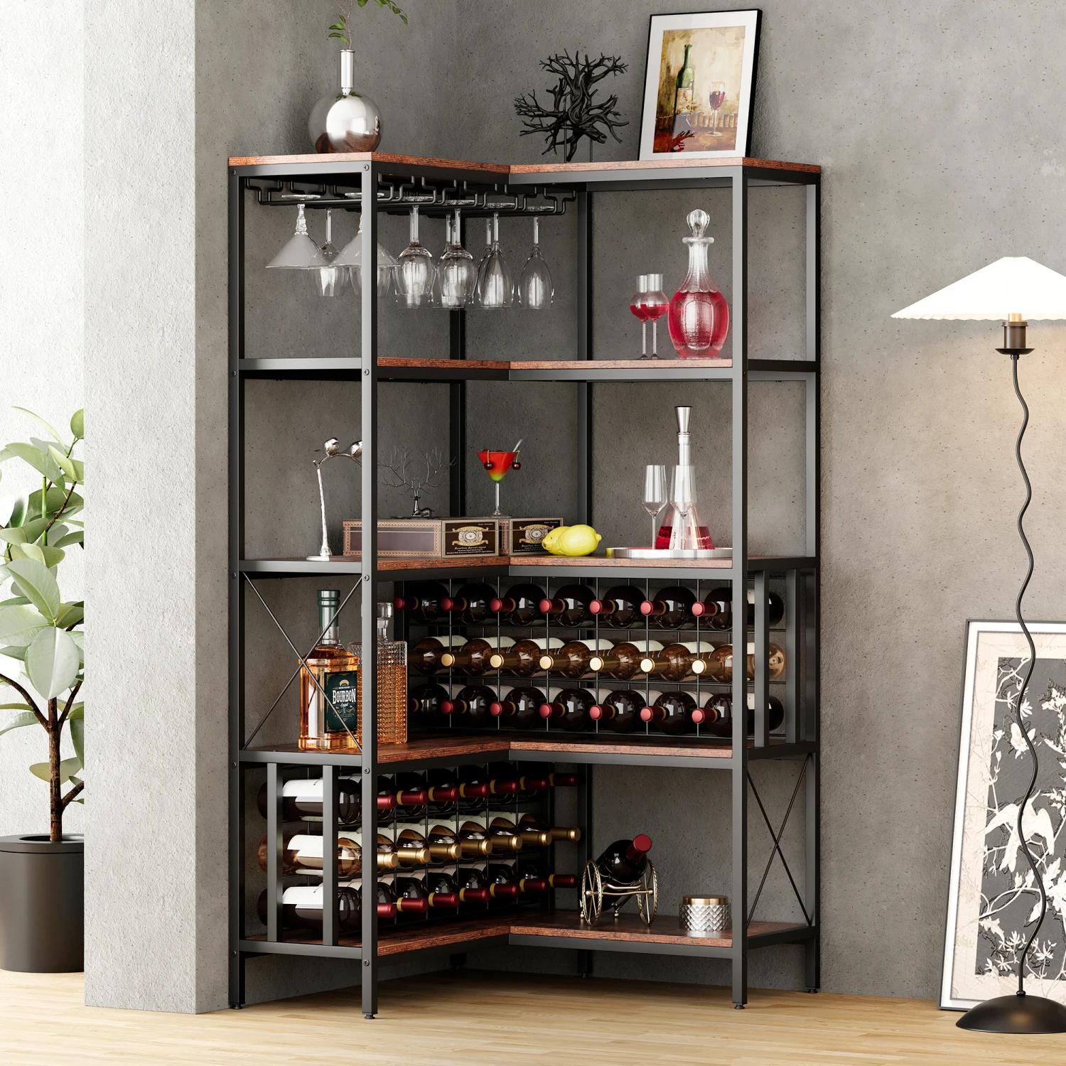 

Corner Wine Rack Bar Cabinet Industrial Freestanding Liquor Glasses Storage for Home Kitchen