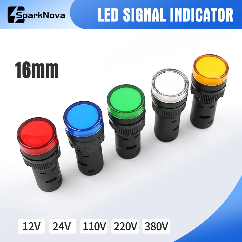 16MM LED Signal Light Indicator 12V 24V 110V 220V 380V Multi Color Signal Lamp for Control Panel Red Green Yellow Blue White