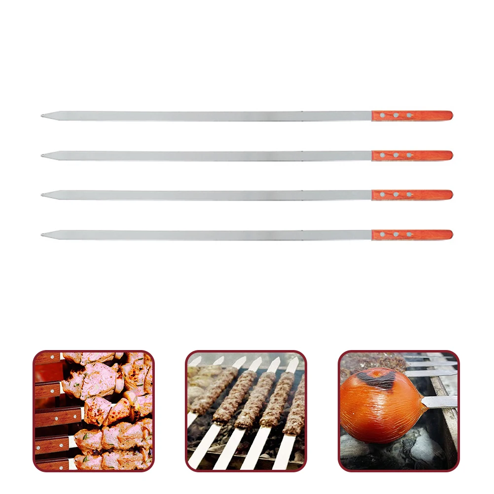 

4 Pcs Stainless Steel Flat Skewers 50cmx1.3cmx0.2cm Wood H BBQ Tools Grilling Camping Kabobs Kebab Accessories Easy Clean