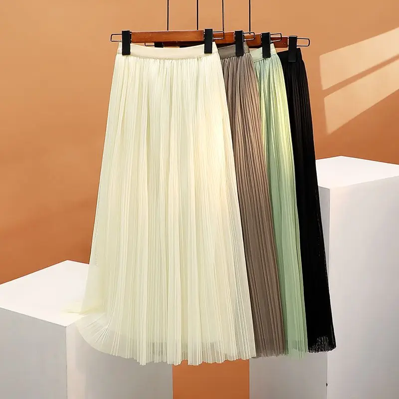 

2024 Fashion Chiffon Solid Color A-line Casual All-match Skirt Vintage Pleated Elastic High Waist Long Skirts For Women F164