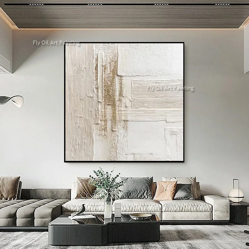 White Beige Gold Textured Abstract Canvas, Hand‑Painted Impasto Oil Painting, Wabi‑Sabi Modern Square Wall Decor