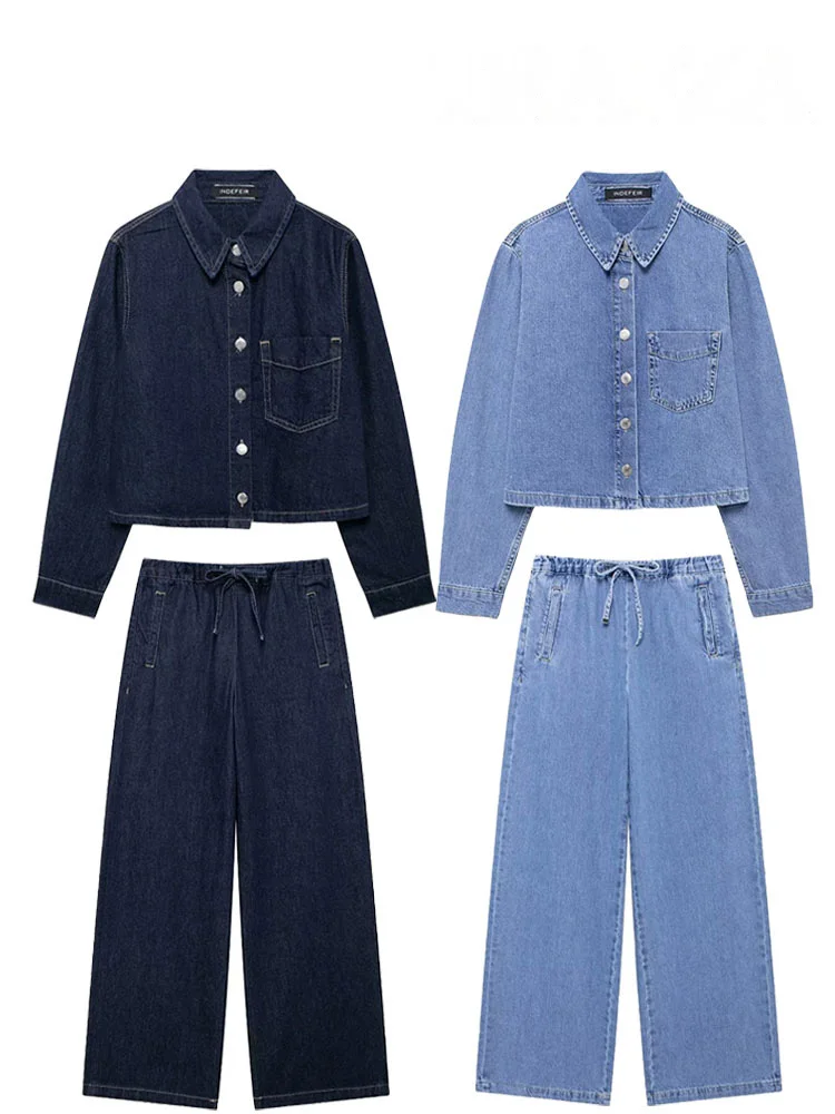 HH المرأة الخريف مجموعة الصلبة بدوره إلى أسفل طوق جيب واحدة الصدر قميص دينيم عالية الخصر الدانتيل متابعة الجينز الإناث بدلة على الموضة