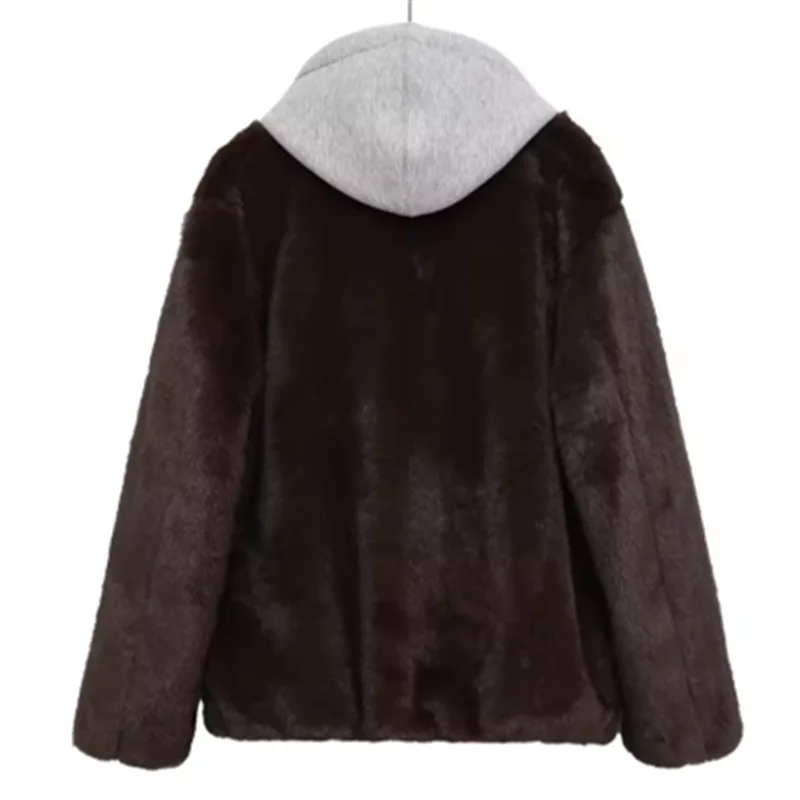 Winter New Fashionable Sweet Loose Splicing Artificial Fur Zipper Hooded Jacket for Women