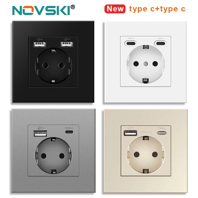 Plugue usb de parede novski, muitos novos painéis de estilo, tomada de sala, ac 110v-250v 16a embutido na parede, plugue usb duplo padrão da ue