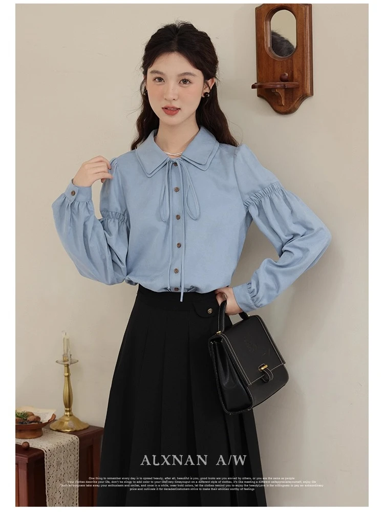 

ALXNAN Women's Shirt Blue Lapel Bow Tie Design Wooden Buttons Blouses 2025 Autumn Casual Office Lady Long Sleeve Tops VPLXN31921