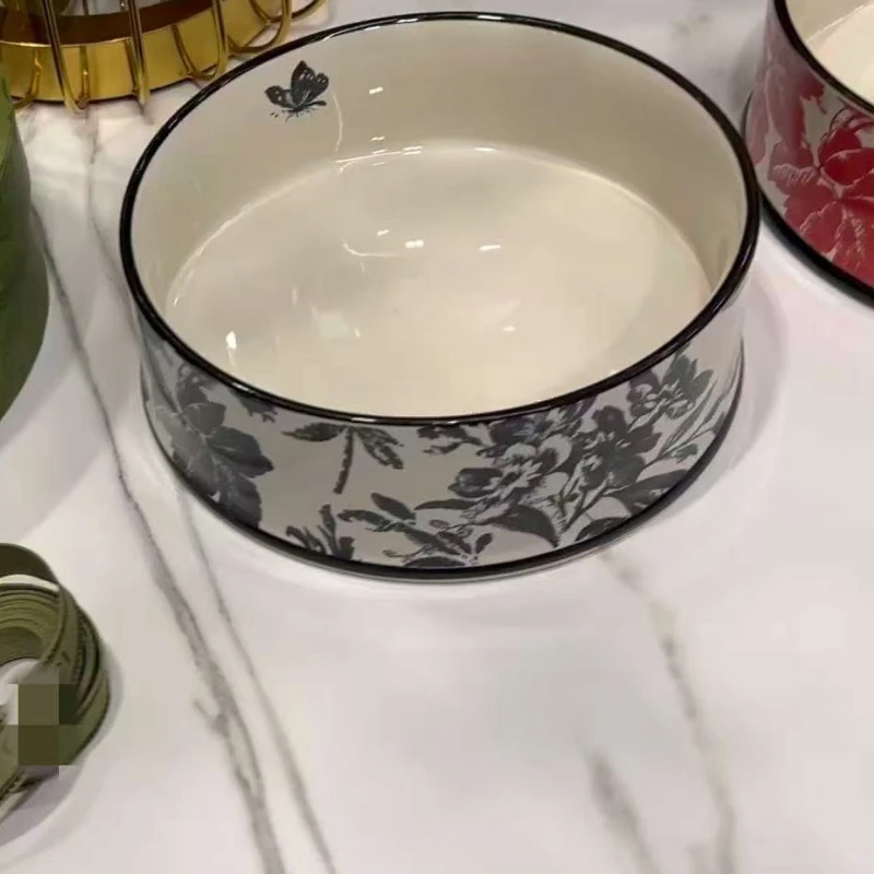 

Миска с принтом, керамическая корм для кошек, корма для собак, полная печать, черные цветы, красивая миска, товары для домашних животных