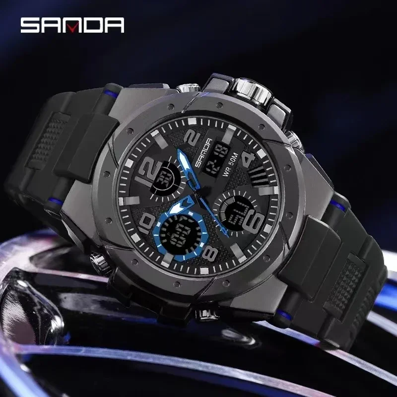 Sanda 9009 modelo de venda superior masculino resistente à água esportes ao ar livre modo alarme moda analógico relógio de pulso digital