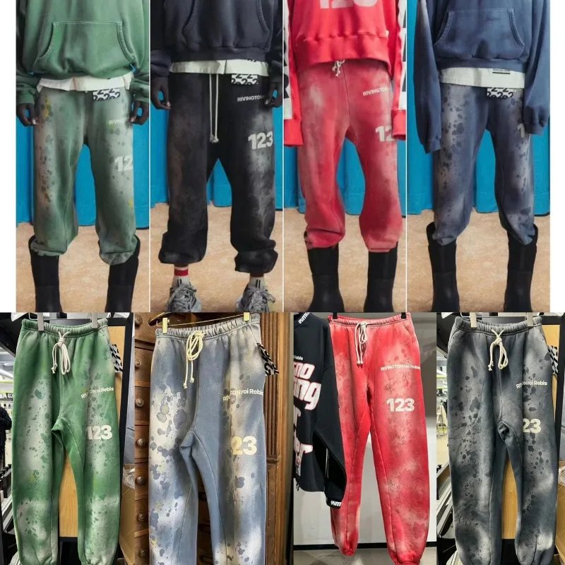 

Vintage RRR123 Drawstring Elastic-waist Pants High Street Wash Do Old Casual Sports Slacks Women's Sweatpant Trousers Men