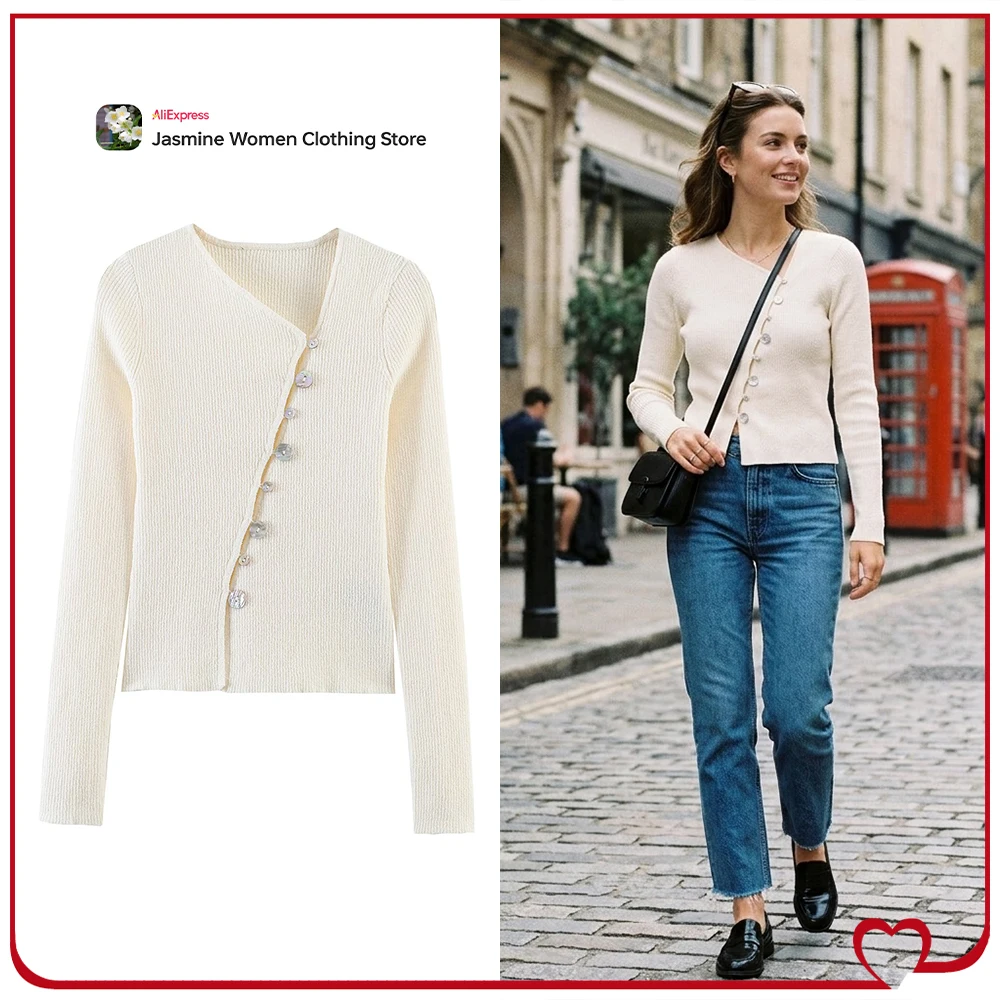 

Elegant Chic Asymmetric Closure Knit Cardigan for Women New in Spring Long Sleeves Cardigan Stylish Asymmetric Button Knitwears