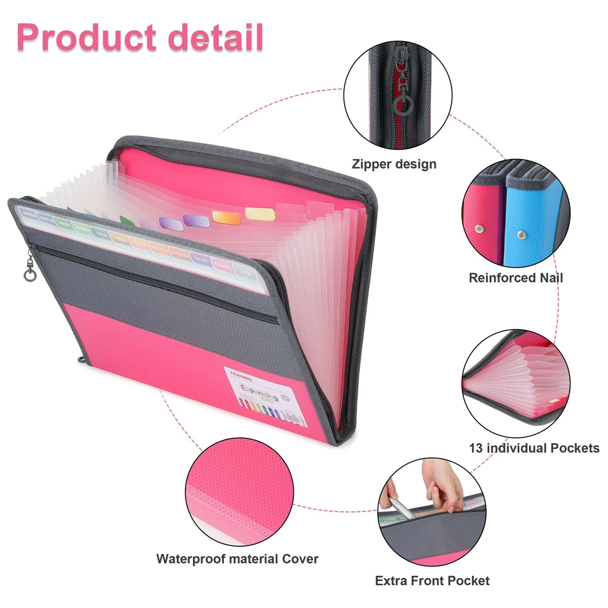 Accordion File Organizer with Safe Zipper, 13 Pocket Expanding File Folder with Front Pencil Pouch, School Office Supplies 3