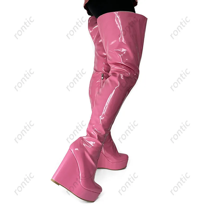 

Rontic Handmade Women Winter Thigh Boots Side Zipper Wedges High Heels Round Toe Beautiful Pink White Blue Shoes US Size 5-20