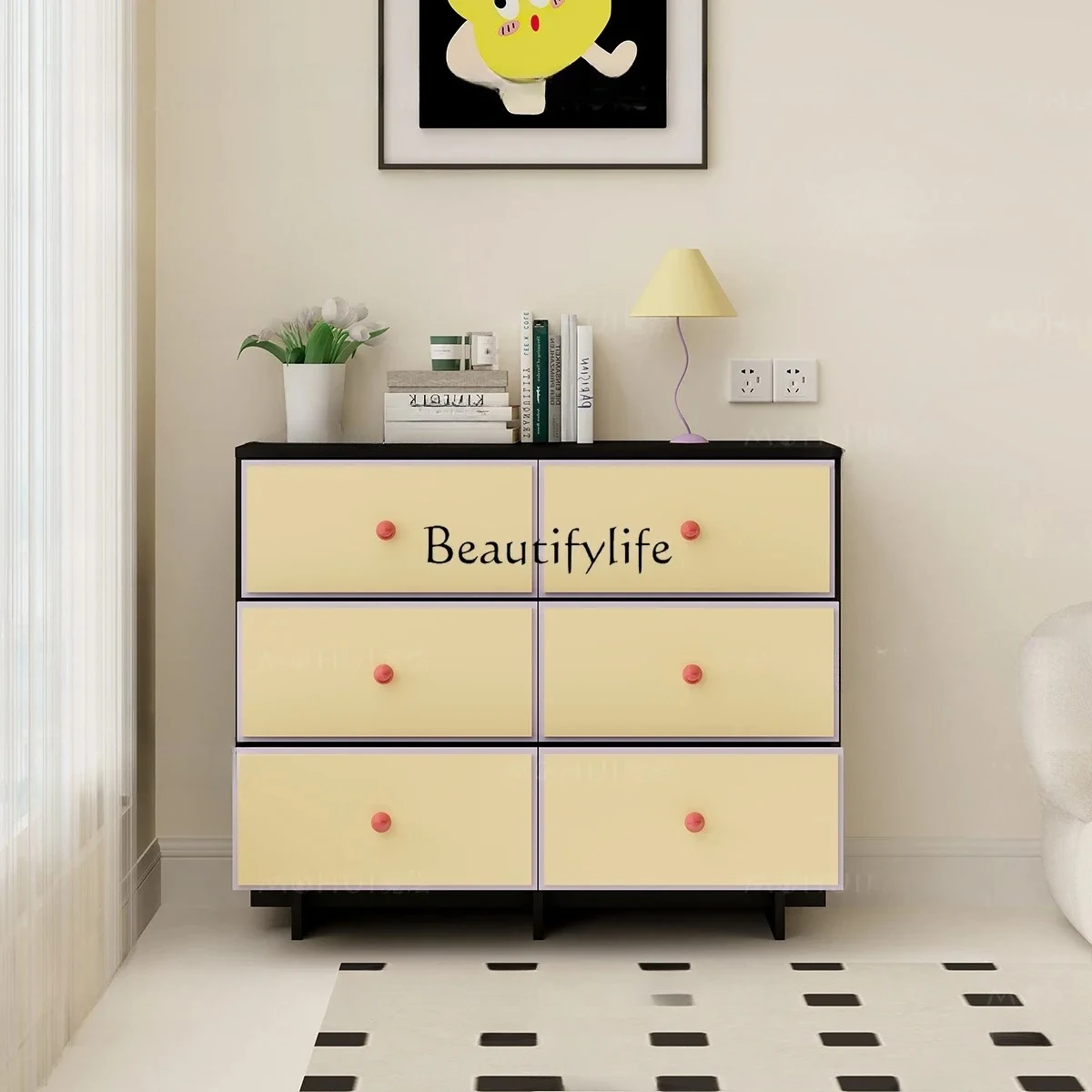 09z.Cream wind chest, bedroom color matching, large capacity drawer, bedside cabinet, dopamine storage