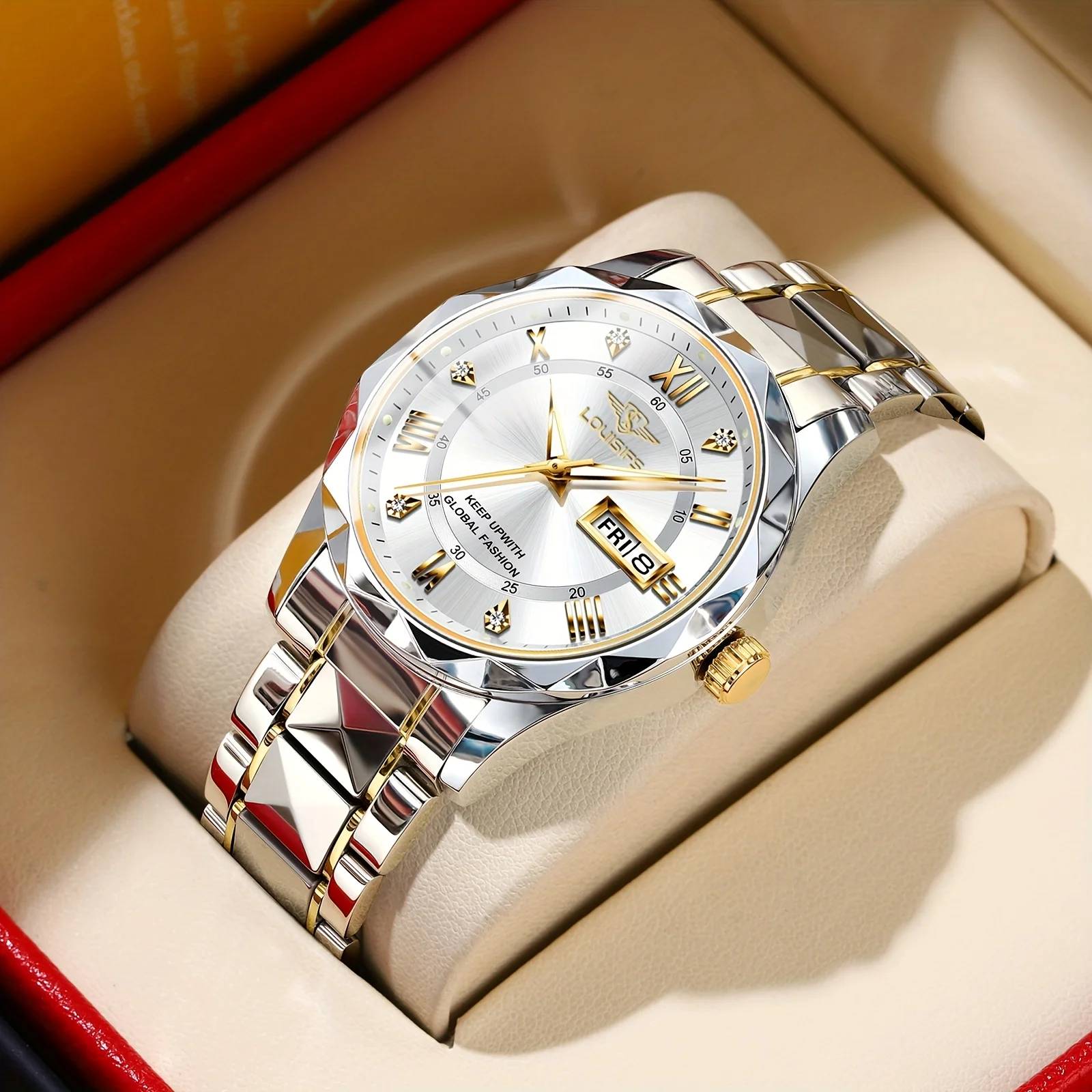 Orologio da polso da uomo alla moda con data e settimana, orologio da uomo in acciaio inossidabile, impermeabile, luminoso, da lavoro, semplice, al quarzo da uomo + scatola